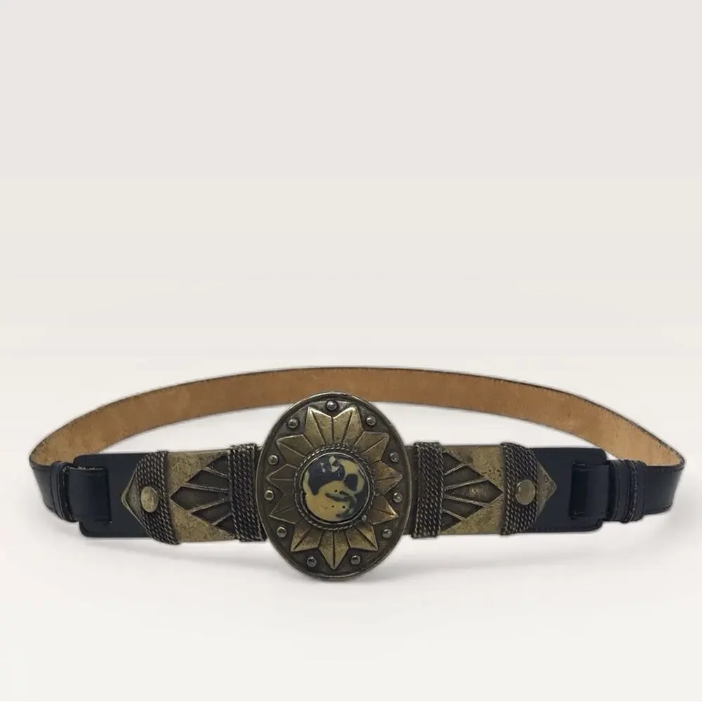 Vintage 1990's Western Style Black & Tan Belt with Brass Buckle